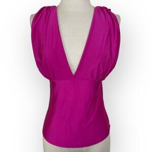 DONATE! LAST CHANCE! Fuchsia pink satin V-neck top by Papermoon, large